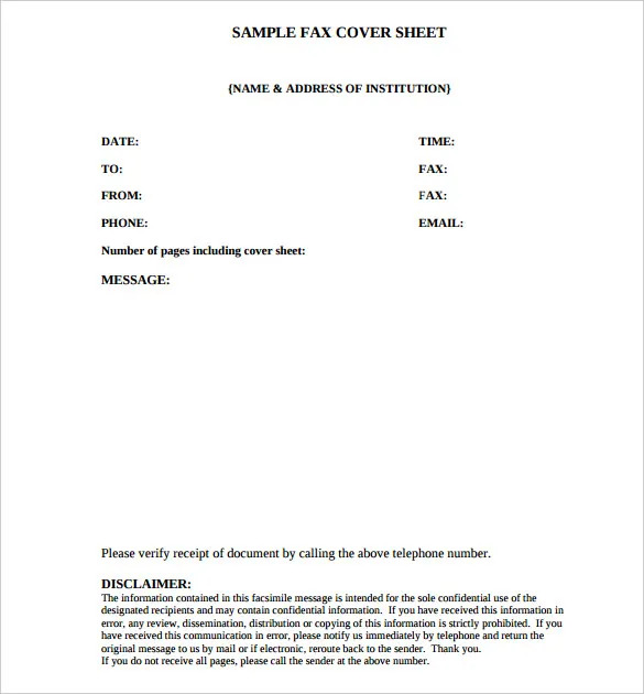 Sample Fax Cover Sheet with Disclaimer